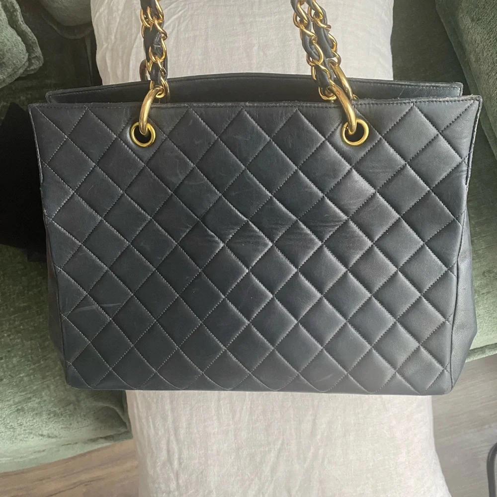 Chanel Black Lambskin Quilted Large Tote Bag with Gold Chain & Leather Handles